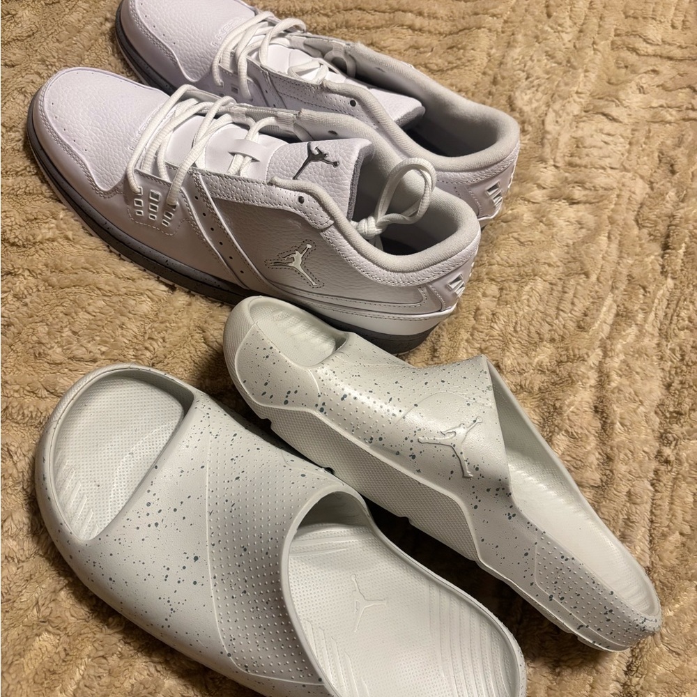 Jordan All-White Sneakers and Speckled Slides Set